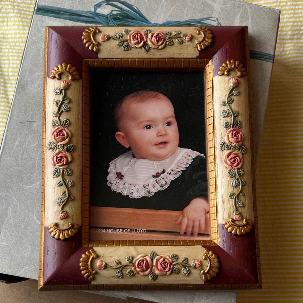 Vintage 90’s IOB Rose Embellished Decorative Picture Frame - burgundy and Gold